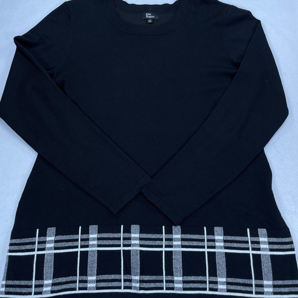 Kim Rogers Womens Black Plaid Hem Long Sleeve Knit Sweater Size L